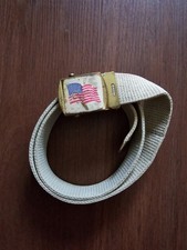 Vintage 1970s Boys Scout Tan Canvas Belt 34  With Brass Buckle AMERICAN FLAG