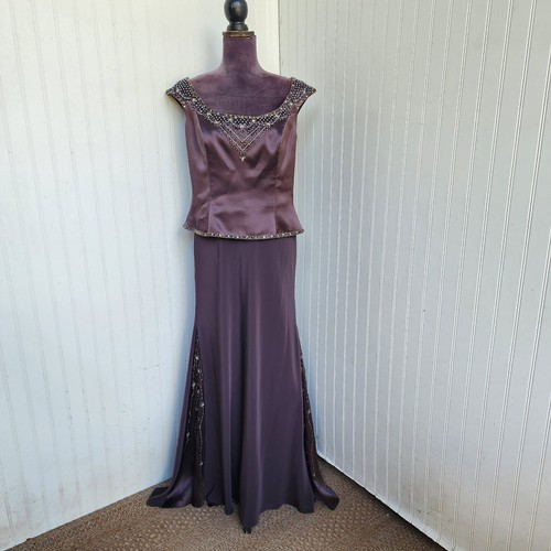 Montage By Mon Cheri Mother of Bride Prom Dress Brown Beaded Satin Formal Sz 12