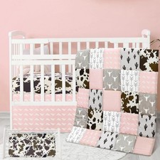 3 Piece Patchwork Western Crib Bedding Set for Boys Girls Cow Cactus...