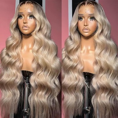 Human Hair Wig 32 Inch 13x6 Body Wave 200% Density Brown Root Ash Blonde CIYOO