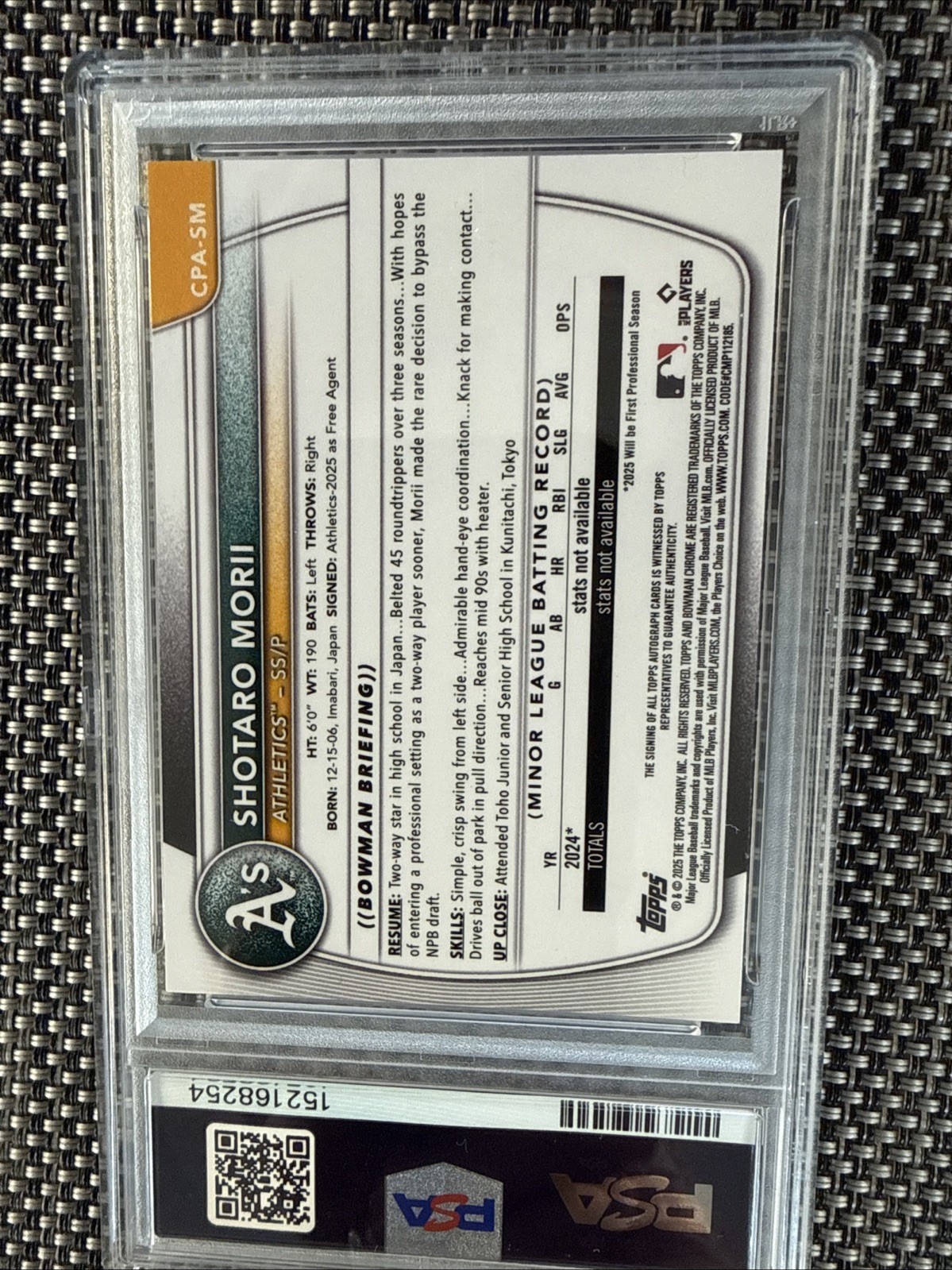 2025 Bowman Chrome - Prospect Autographs Shotaro Morii Blue Raywave/150 PSA 8 view 7