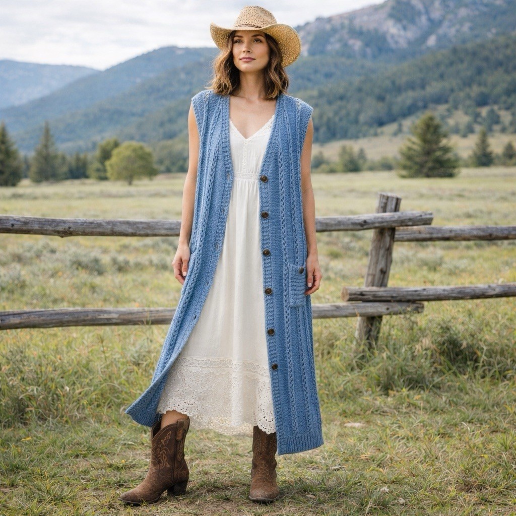 Sundance Vella Duster Cardigan Women's XL Long Knit Vest Sleeveless Blue  Boho | eBay