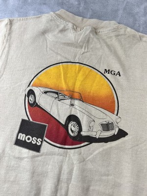 Vintage MG Moss Shirt Mens Small Beige MGA Car Graphic Auto Racing Tee 90s USA