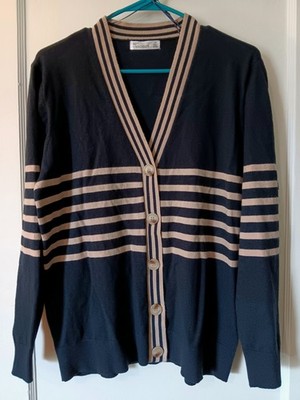 89th + Madison Women's Cardigan L Black Striped Nautical Preppy Dark Academia