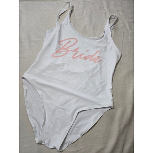 Bride One Piece Swimsuit White Pink Graphic Honeymoon Party XL Scoop Back - Afbeelding 1 van 4