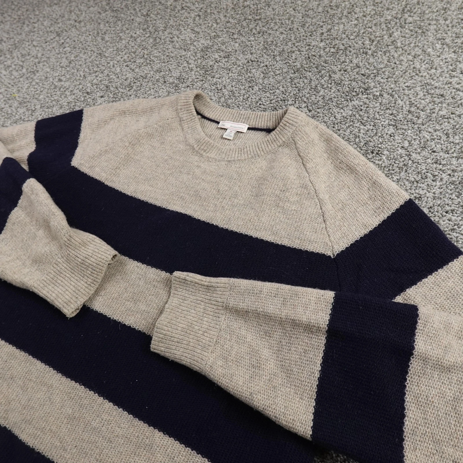 Gap Sweater Mens XL Beige Blue Stripe Lambswool Rugby Pullover Crewneck Knit