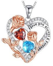 I Love You Birthstone Necklace, 925 Sterling Silver Heart Pendant 01-12-Jan-Dec