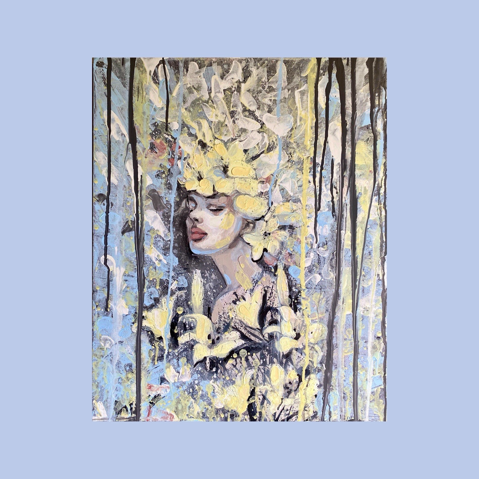 Original Acryl Gemälde-Porträt Frau mit Blumen-Unikat Kunst Modern