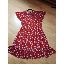 Talbots Size 16W Flounce Hem Red Floral Dress Flutter Sleeve Stretch Waist 
