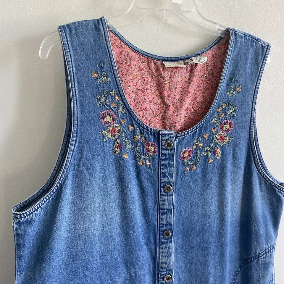 Vintage Denim Dress XL Blue Jean Modest Sleeveless Button Up Embroidered - Image 2 of 4