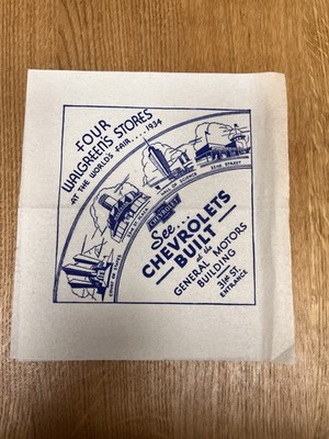 Original 1934 Chicago World s Fair Ephemera   Walgreens Promotional Napkin