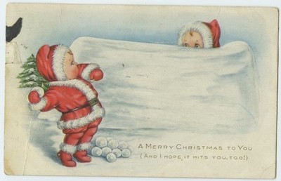 A Merry Christmas to You Snowballs Snow Fort Children 1920 Antique Postcard