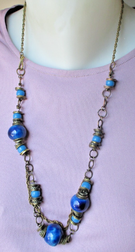 Collier Vintage Perles Porcelaine Blanche - Couleur Vieil Or - Ancien - Parfait état