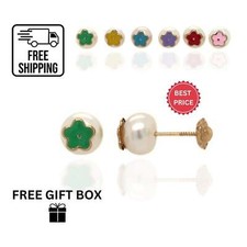 14k Yellow Gold Enamel Flower With Genuine Pearl Screw Back Stud Earrings