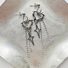 Gothic Punk Rave Silver Spike Tone Heart and Star Drop Edgy Alt Earrings