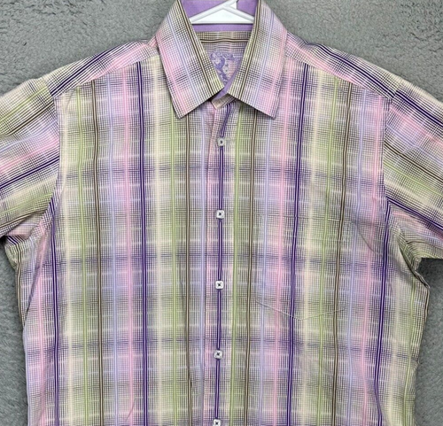 Bugatchi Shirt Adult Medium Multi Plaid 100% Cotton Button Up Short Sleeve Mens