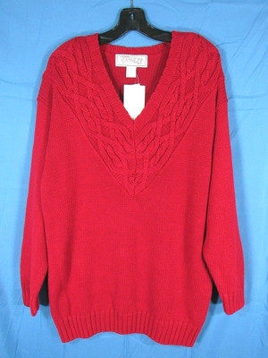 NWT Vintage NUGGETS Sweater SASSY RED Large Cable Knit V-NECK Heavy Knit sz L