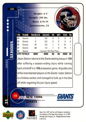 1999 Upper Deck MVP Jason Sehorn New York Giants #126 - Picture 2 of 2