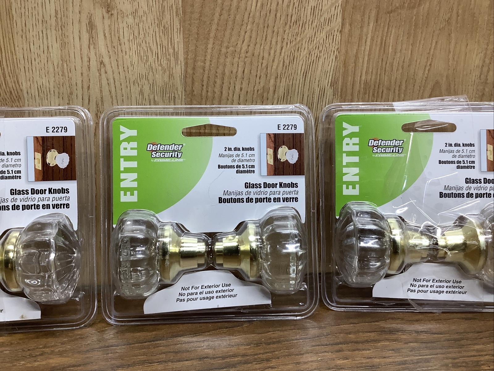 3 Defender Security 2" Glass & Brass Door Knobs E 2279 & Spindle New