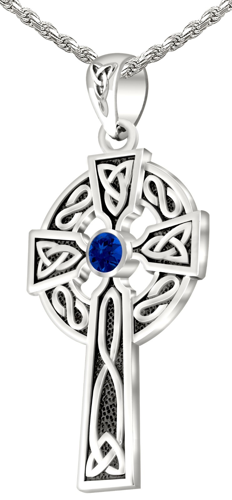 1.5in Men Sterling Silver Celtic Knot Cross Sapphire Birthstone Pendant