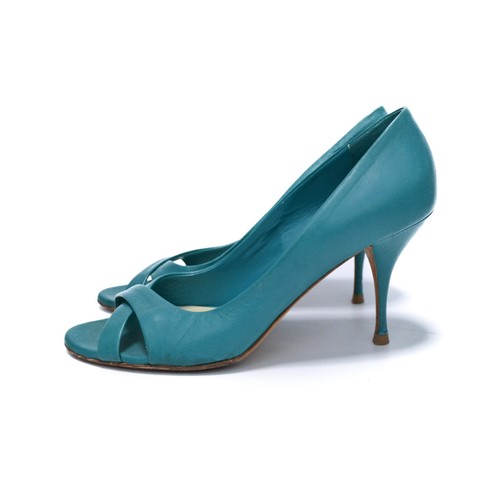 Miu Miu by PRADA 100% Leather Ocean Blue Heels Sandals Shoes Size 37 Made Italy - Afbeelding 1 van 10