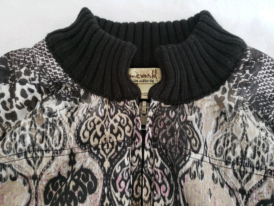 Cárdigan Suéter One World Negro Blanco Gráfico Negro Manga Cremallera Talla Pequeña Foto 3 de 4