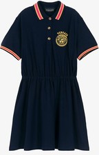 Versace Medusa Logo Short Sleeve Polo Shirtdress Girls 10A Navy/Gold Buttons
