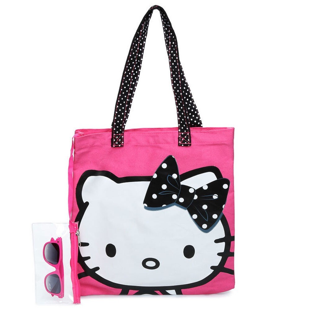 HELLO KITTY Kids Girls Canvas Beach Tote Gift Bag w/ Sunglasses