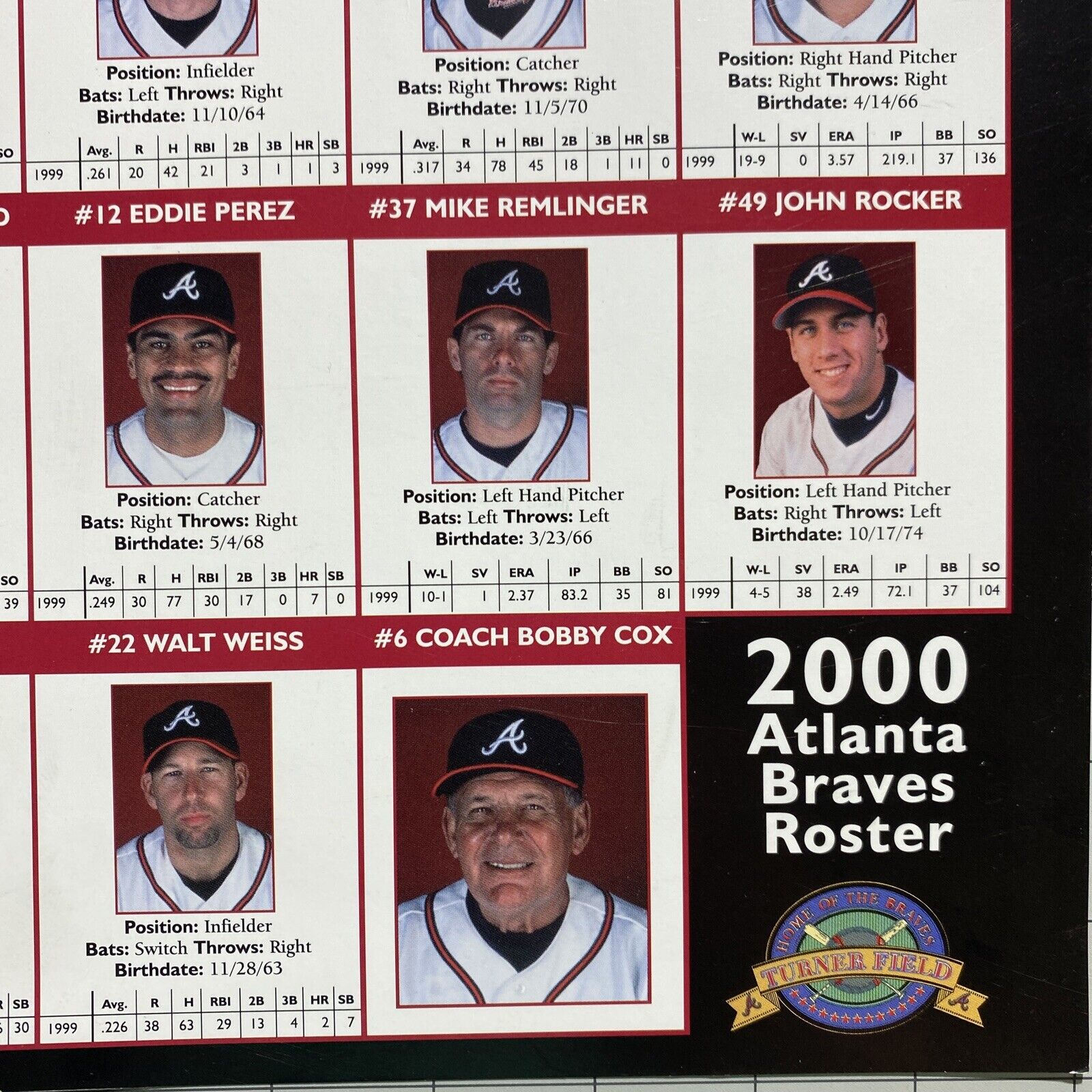 2000 Atlanta Braves Roster Turner Field 15 X 11“ Poster Torn On Left Side