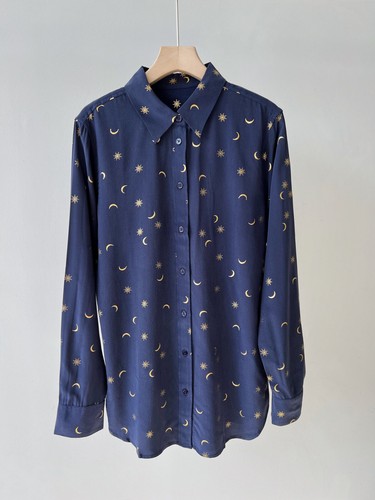 New Equipment Gilding Star Moon Print Silk Elegant Long-Sleeved Shirt Blouses - Picture 15 of 30