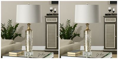 PAIR MODERN TEXTURED CERAMIC VALDIERI 30'' TABLE BUFFET LAMPS CRYSTAL BASE 27094