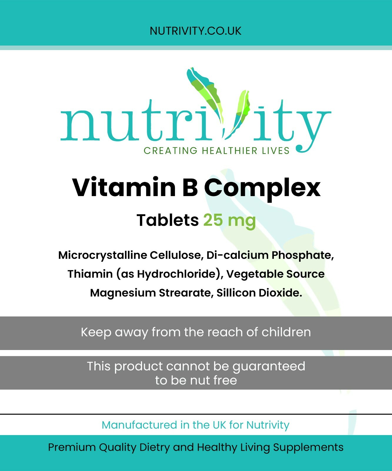 Vit B Complex Tablets 100 Nutrivity RDA B1,B2,B3,B5,B6,B12,Biotin
