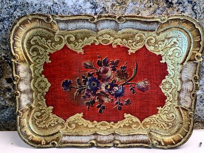 New VTG Florentine Tray Wood Italian Gold Red Hand-Painted Firenz Florence Italy