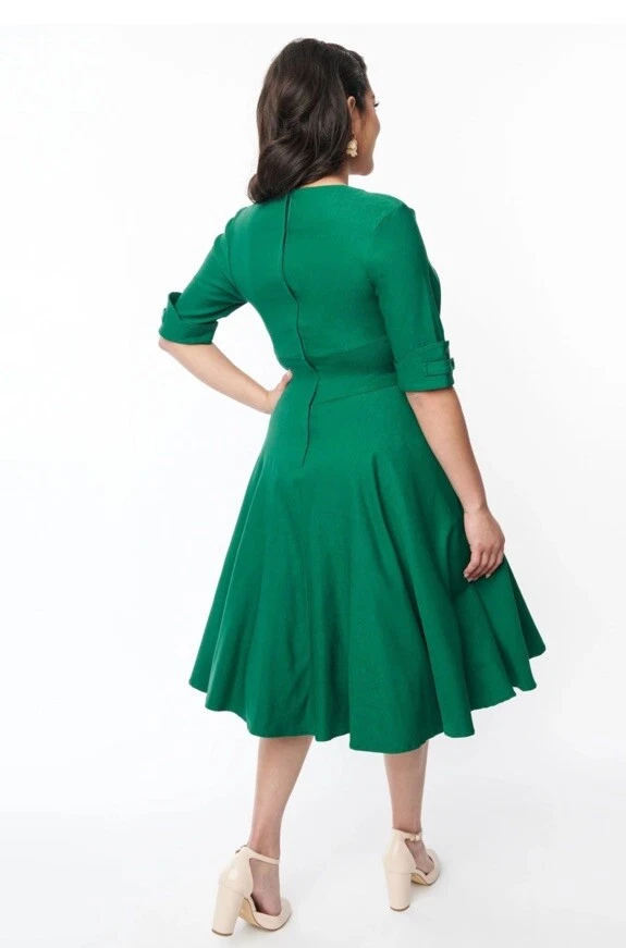 Unique Vintage Plus Size Emerald Green Delores Swing Dress with Sleeve