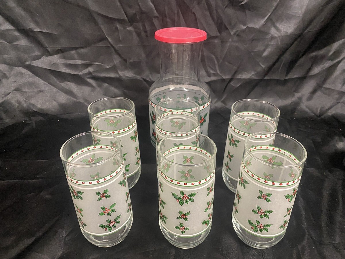 VTG CHRISTMAS HOLLY RED BERRIES GLASS DRINK WARE SET TUMBLERS WITH  display picture 1
