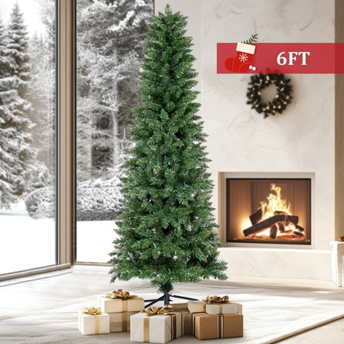 6ft PreLit Artificial Hinged Slim Pencil Christmas Tree w/250 Multi