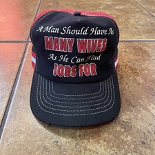 Vintage MANY WIVES 3 Stripe Mesh Trucker HAT/CAP Funny Wife Joke VTG 80s