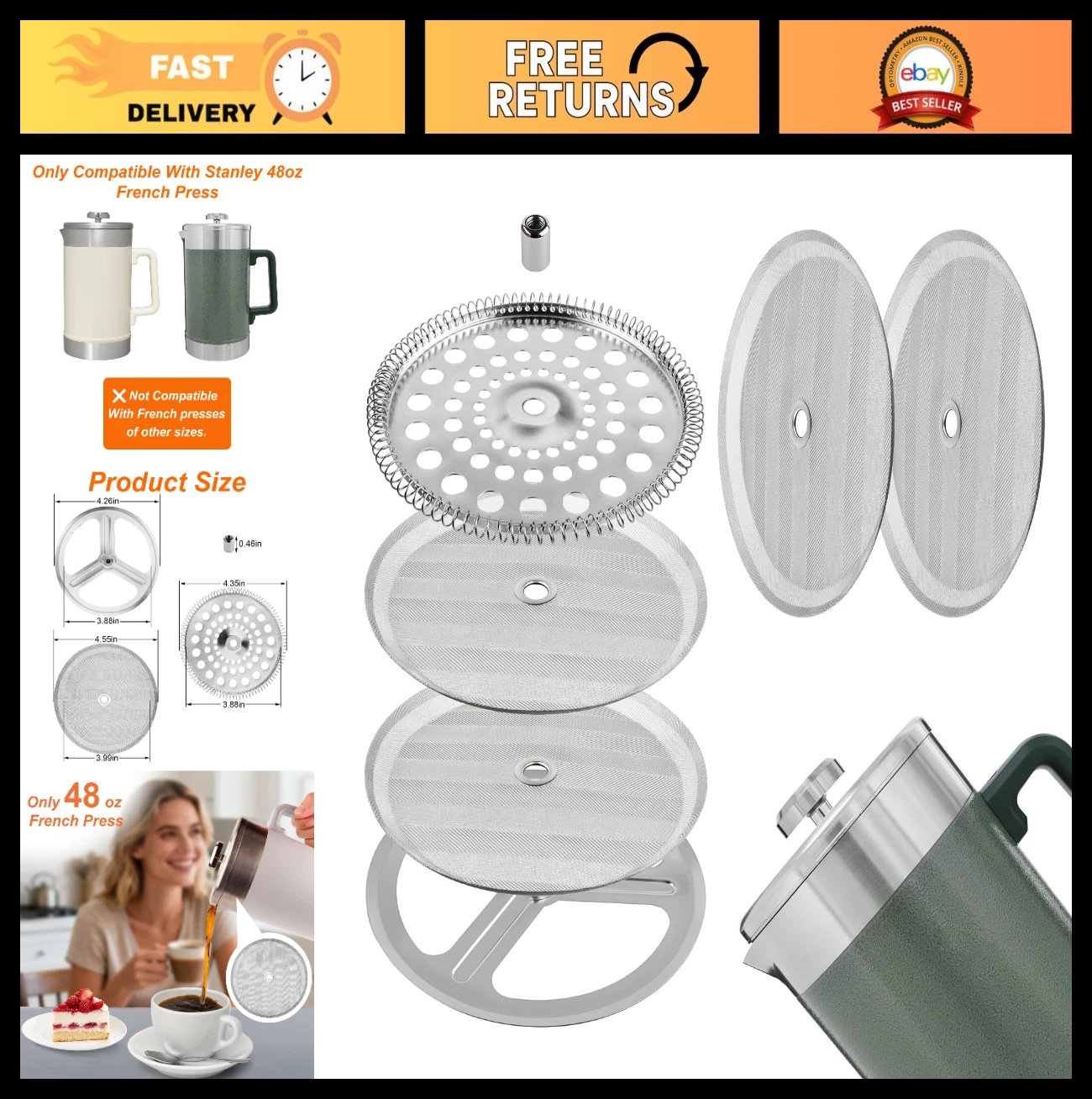 6 Pcs Stainless Steel French Press Filter Replacement Set for 48oz Coffee Maker