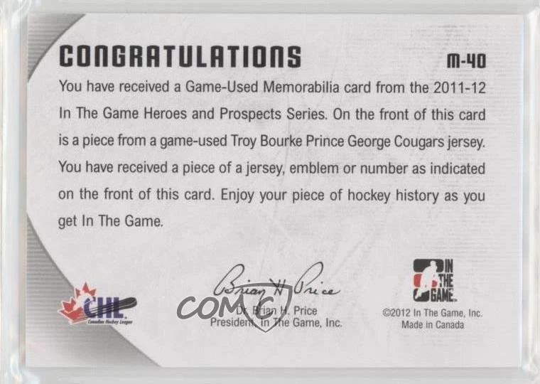 2011-12 ITG Heroes and Prospects Game-Used Gold Number 1/1 Troy Bourke #M-40 - Image 2 of 2