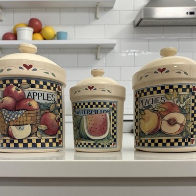 Vtg Susan Winget Set Of 3 Harvest Fair Canisters By Certified International 