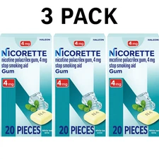 Nicorette 4 mg Nicotine Coated Gum with 20 Count - Expires 5/2026+ - Lot Of 3
