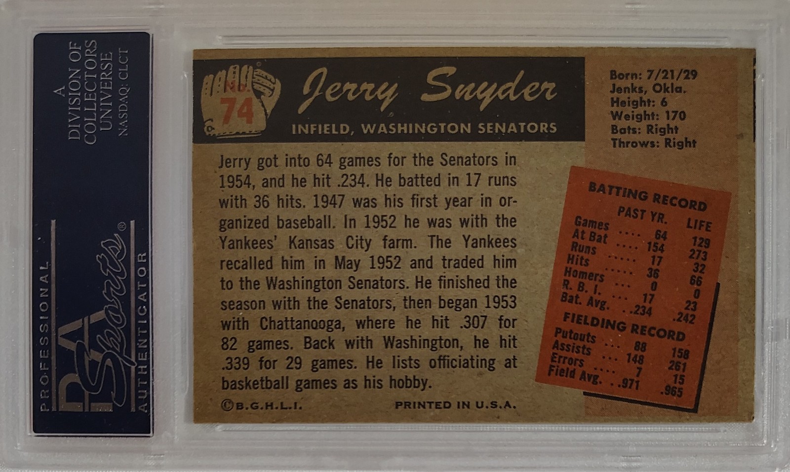 1955 BOWMAN #74 JERRY SNYDER VINTAGE SENATORS BASEBALL CARD EX PSA 5 view 2
