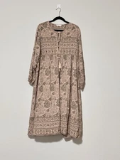 R.Vivimos Boho Peasant Dress Long Sleeve Tassels Maxi Relaxed Floral Tan Sz 2XL