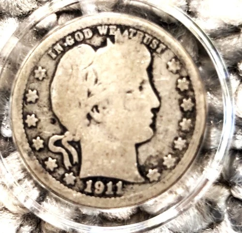 1911 Barber silver quarter - good detail - encased