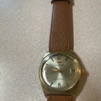 Waltham manual wind Men's Gold Tone Silver Dial Date Brown Leather Watch 34mm 
