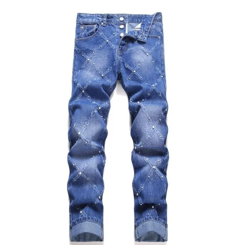 Men's Blue Denim Jeans Straight Leg Casual Pants Trousers Beads Punk Hip Hop New