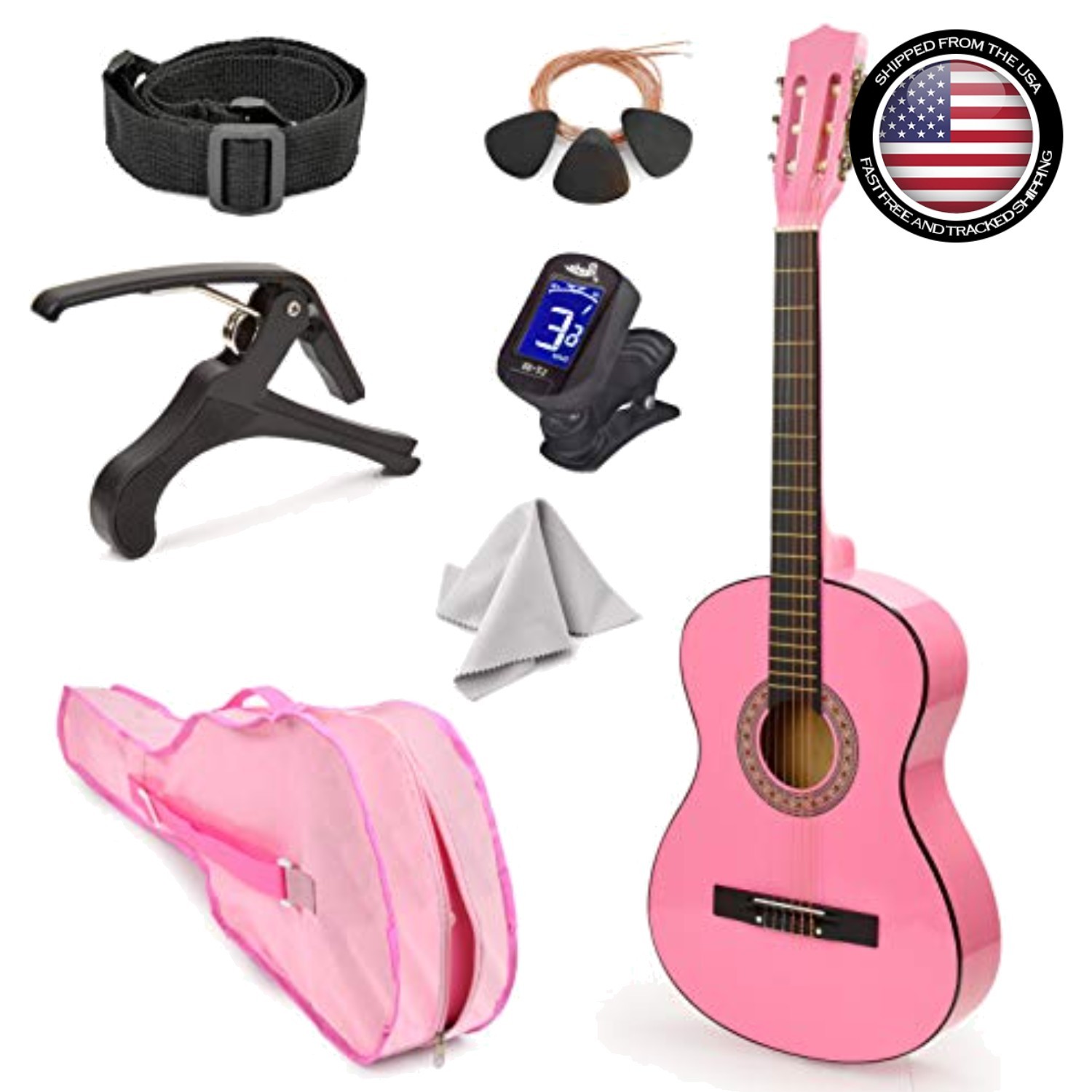 Left Handed Guitar 30" Pink Wood Kids Beginners with Case and Accessories