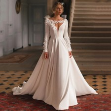 3D Flowers Wedding Dress Lace Long Sleeves Scoop Neck Sweep Train Bridal Gown