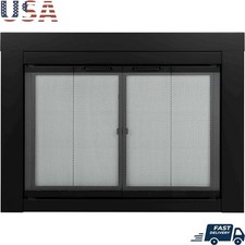 Black Tempered Glass Bi-Fold Fireplace Doors W/ Mesh Panel & Air Control