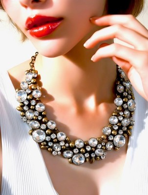 DAZZLING GOLD-TONE LARGE CRYSTAL RHINESTONE STATEMENT COLLAR CLUSTER NECKLACE